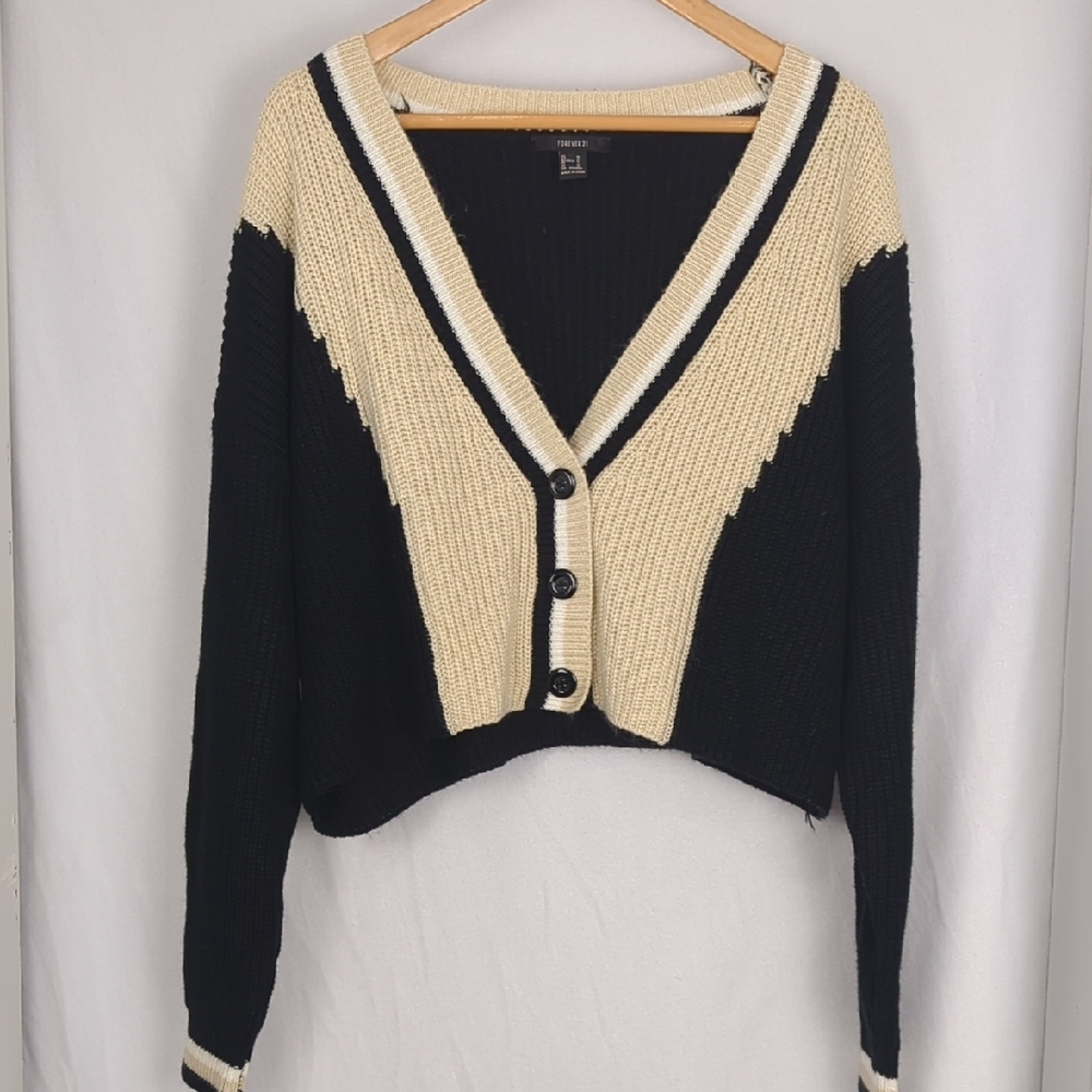 F21 Women's Cream Black Superdown Loraine Cropped Cardigan